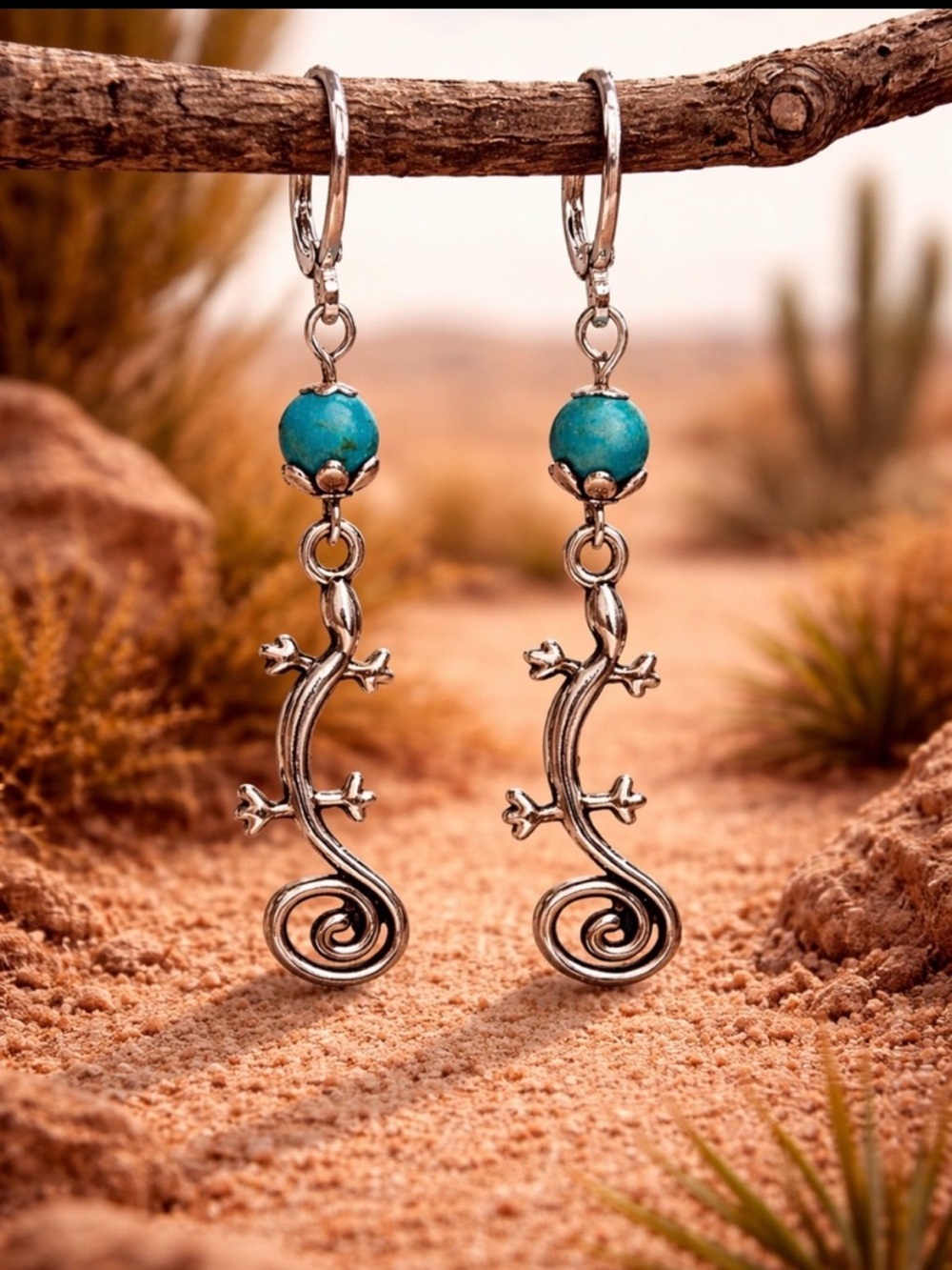 Silver Gecko Earrings, Turquoise Bead Dangles, Nature Jewelry